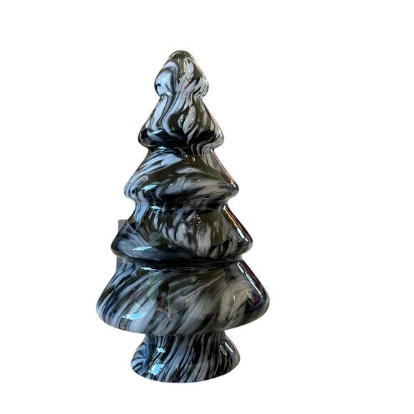 Art Glass CHRISTMAS TREE 10in Black White Marble Handmade in Poland NEW - Picture 7 of 10